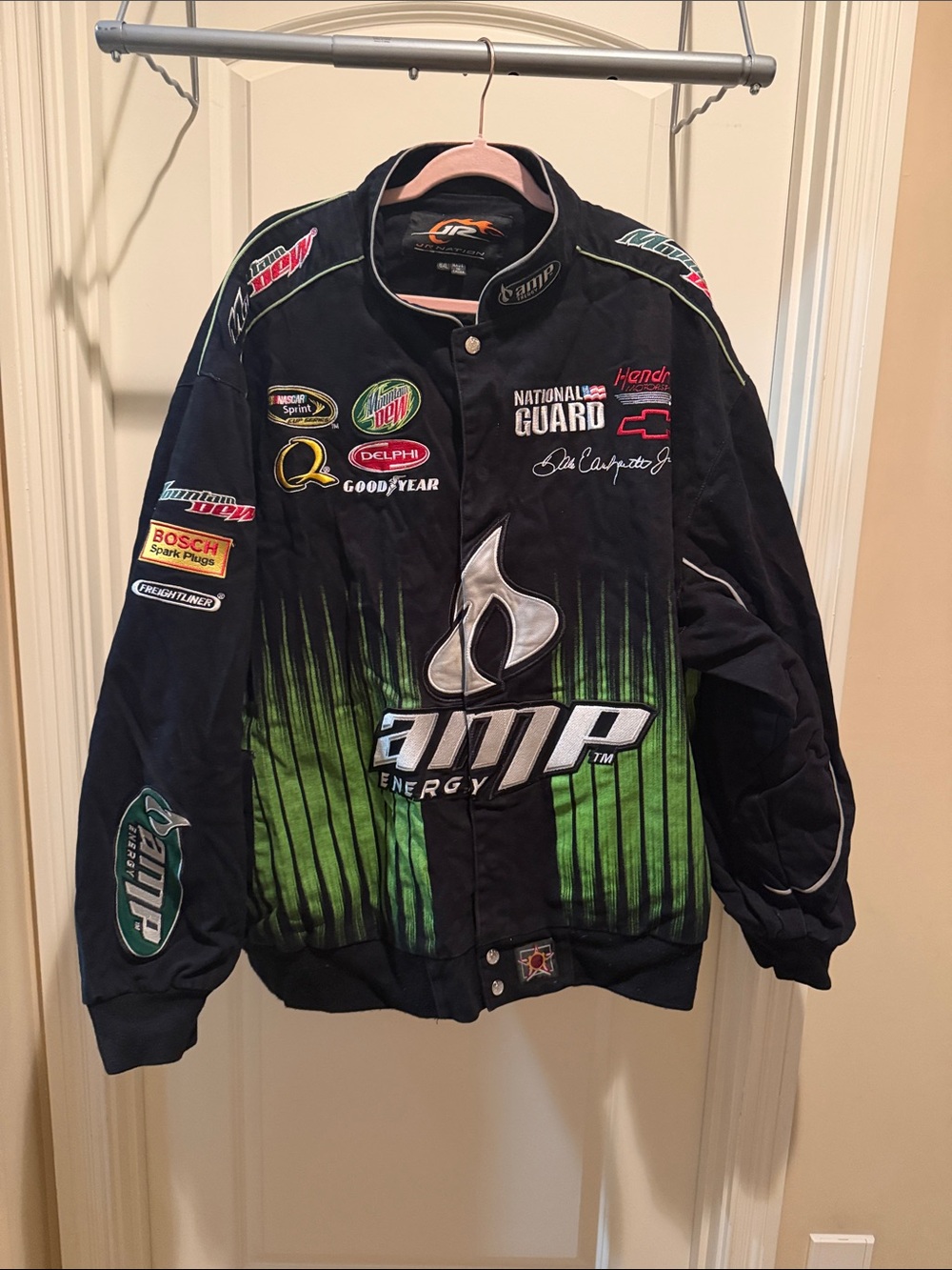adidas Black and Green AMP Energy Racing Bomber Jacket with Sponsor Patches